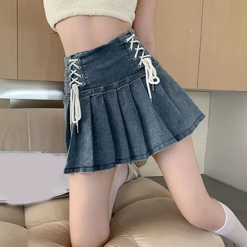 Territory Denim Pleated Skirt Korean Fashion Women Bandage High Waist A-line Cute Sexy Cargo Jean Mini Skirt Summer Y2k Girl