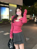 Territory  Y2K Korean Fashion Pink Cropped Sweater Women Harajuku Sexy Slim Knitted Jumper Vintage Casual Cardigan+Vest Set Tops