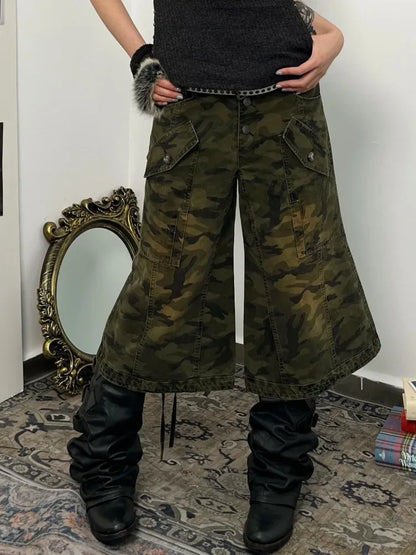 Territory American Oversize Washed Camouflage Shorts Y2k E-Girl High Waist Wide Leg Jeans 2024 New Straight Loose Calf- Length Pants