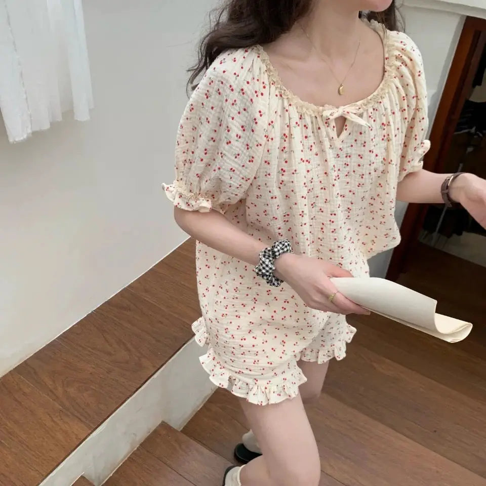 Territory Floral Print Summer Pajamas Set Women Shirts Tops + Shorts Set Two Piece Ruffles Sweet Home Suit Home Clothes Korean