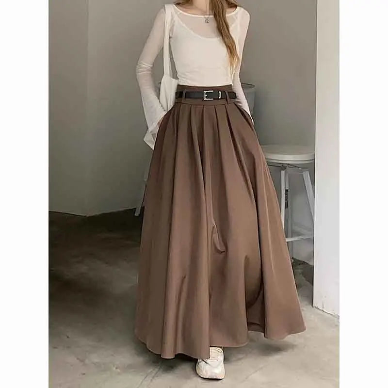 Territory Elegant Belt Ankle Length Skirts Women Autumn Korean High Waist Solid A Line Skirts Fashion Chic All Match Pleated Long Skirts