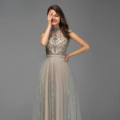 Territory Grey O Neck Short Sleeves Evening Prom Dresses Customized Best Price A Line Beaded Midi Party Gowns With