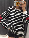 Territory  Harajuku Hoodies Roses Embroidery Lantern Sleeve Loose Striped Women Sweatshirt Girl Vintage Elegant Casual Tops