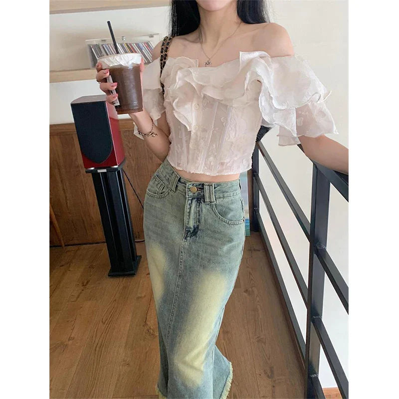 Territory Cropped Slash Neck Shirts Women Fashion Black Sexy Off Shoulder Blouses Summer Korean Office Ladies Elegant Slim Crop Tops