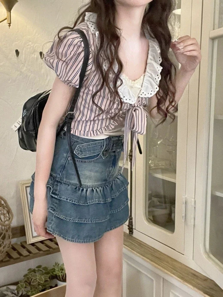 Territory Pink Kawaii Two-piece Set Tops Women Blue Striped Casual Sweet Blouses Female Bubble Sleeve Korean Fashion Clothing Summer