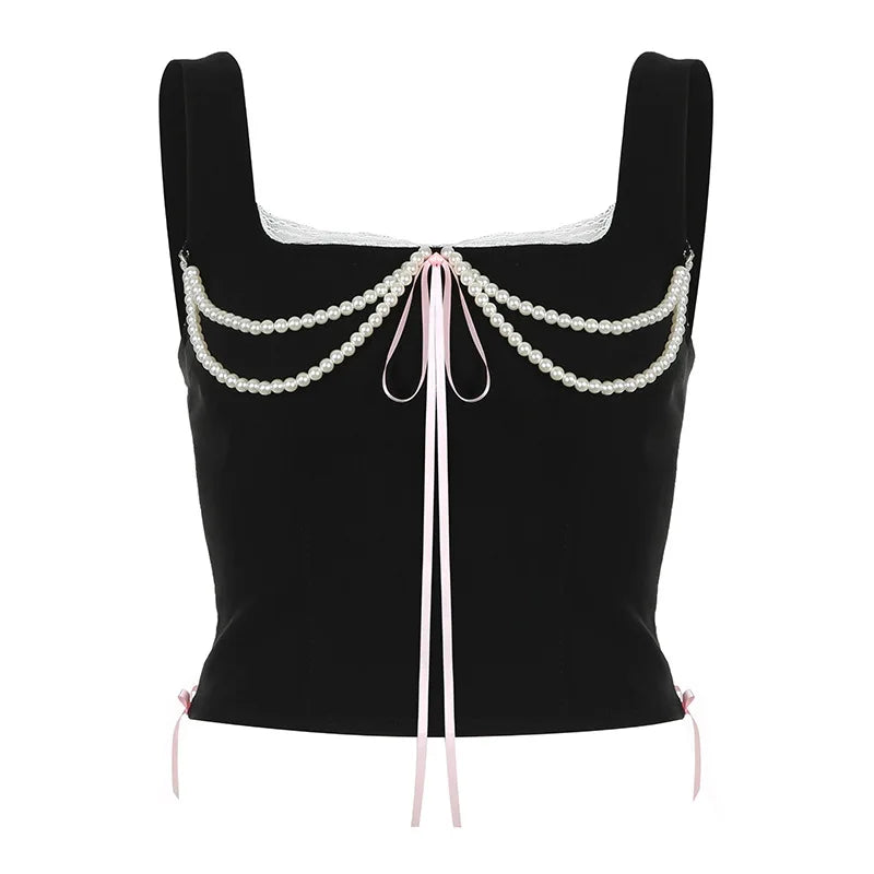 Territory Coquette Y2k Tops French Retro Style Pearl Chain Bow Square Neck Tank Top Black Summer Clothes Women 2024 Crop Top