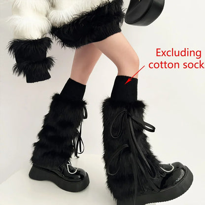 Territory Kawaii Bow Knot Leg Warmers Thickened Imitation Rabbit Fur Women Leggings Boots Cover Lolita Punk Harajuku Party Accessories