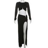 Territory Sexy Black 2 Piece Set Women Y2K Outfits Club Wear Fall 2024 Hardwear Detail Hollow Crop Top And Split Long Skirt