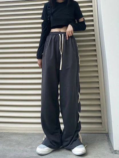 Territory Harajuku High Waist Women Bandage Wide Leg Pant Korean Loose Streetwear Trousers Fashion Hip Hop Student Casual Pants New