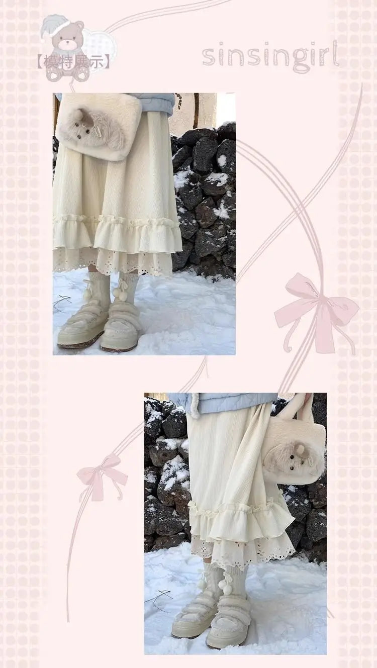 Territory Beige Girl Skirt Long Skirts Women Japanese Style Double Layer Skirt Female Fashion Sweet Loose Half Skirt Preppy Skirt