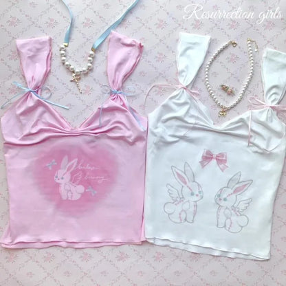 Territory Harajuku Sweet Rabbit Print Pink Clothes Tops 2024 Summer New Crop  Camisole  Y2k Aesthetics Slim Fit Bow Tank