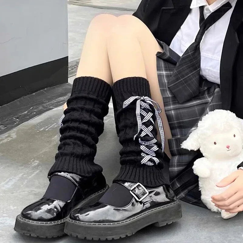 Territory JK Candy Color Bow Leggings Women Girls Gothic Plaid Ribbon Strap Long Socks Lolita Knitted Cuffs Ankle Leg Warmer Stockings