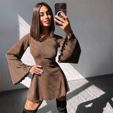 Territory Sexy Dresses Nightclub Mini Short Party Dress Women Back Bandage O Neck A Line Flare Sleeves Autumn Vestidos Ladies Fall Robe