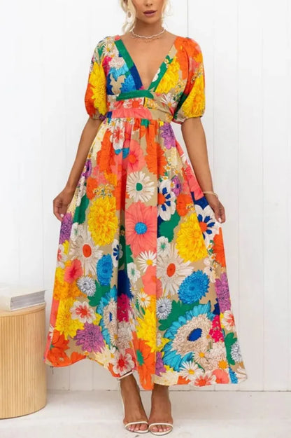 Territory Floral Print Colorful Puff Sleeve Women Long Dress V-neck Lace Up Elastic High Waist Vestidos Summer Party Streetwear Robes