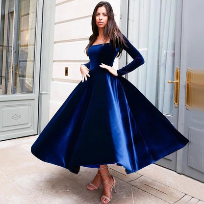 Territory Blue A Line Square Collar Velvet Long Sleeves Evening Dresses Customized  Simple Ball Gowns For Women