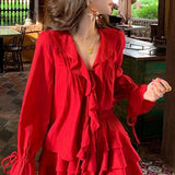 Territory Elegant V-neck Ruffles Long Sleeve Tops Women+ Y2k E-Girl High Waist Ruched A-line Skirts Spring New Red Two Piece Sets