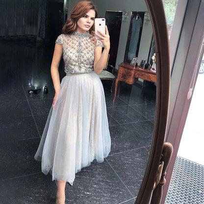 Territory Grey O Neck Short Sleeves Evening Prom Dresses Customized Best Price A Line Beaded Midi Party Gowns With