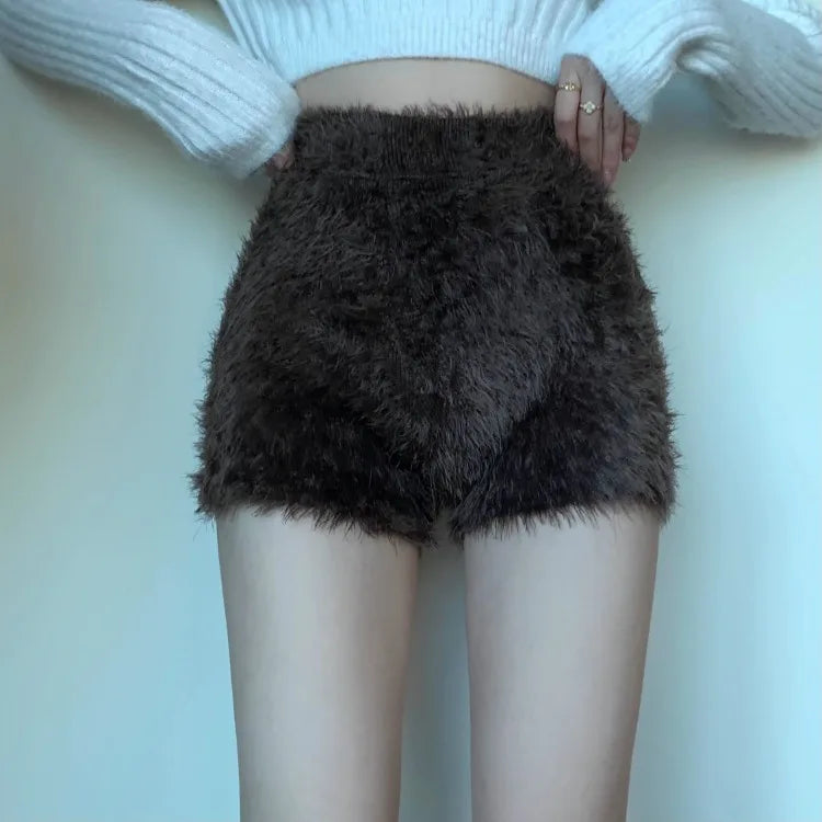 Territory Black Furry Knitted Casual Shorts for Women Autumn Winter Waterproof Mink Short Femme Y2k E-Girl Thicked Warm Bottoming