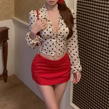 Territory 2024 Summer New V-neck Ruffled Hollow Polka Dot Casual Satin Long-sleeved Shirt Women + Sexy Slim A-line Skirt Two-piece Suit