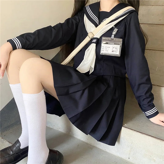 Territory Dark Blue Three Orthodox JK School Uniform Girls S-XXL College Style Sailor Spring Summer Suit Women Shirt Pleated Skirt