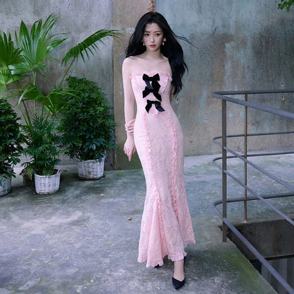 Territory Bow Lace Pink Strapless Long Maxi Dresses for Women Y2k Cute Sexy Birthday Dress Party Outfit Kawaii Clothes