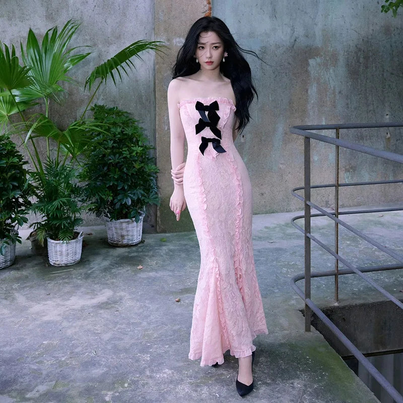 Territory Bow Lace Pink Strapless Long Maxi Dresses for Women Y2k Cute Sexy Birthday Dress Party Outfit Kawaii Clothes