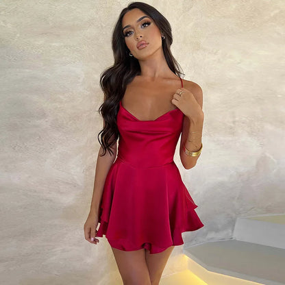 Territory Satin Solid Cami Playsuits Short Jumpsuits Cross Tie-Up Backless Romper Clubwear Dress Bandage Wide Leg Short Romper Ruffles