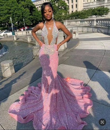 Territory Pink Halter Women Long Black Girls Prom Dresses Sexy Luxury Diamond Mermaid Sequins Prom Gowns Evening Gala Party