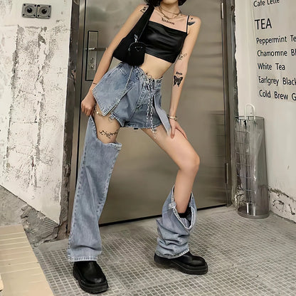 Territory Blue Jeans Women Korean Fashion Harajuku Y2k Streetwear High Waist Design Baggy Detachable Shorts Straight Wide Leg Black Pants