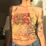 Territory 00s Floral Pattem Mesh Sheer Camis Hotsweet E-girl Slim Fit Backless Halter Tops Women Sleeveless Crop Top Vest Y2K Streetwear