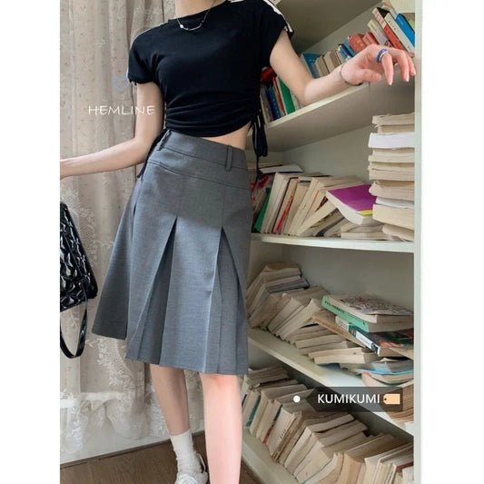 Territory Fashion Gray Vintage Ruched Skirt for Women 2024 Summer New High Waist Skirts Y2k Grunge Mid-length A-line Faldas Mujer