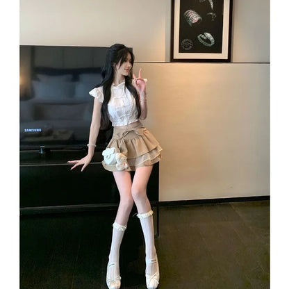 Territory New Chinese Style Button Flying Sleeve Shirt for Women+ Y2k E-Girl High Waist Bow Ruched Skirts 2024 Sping  Two Piece Sets