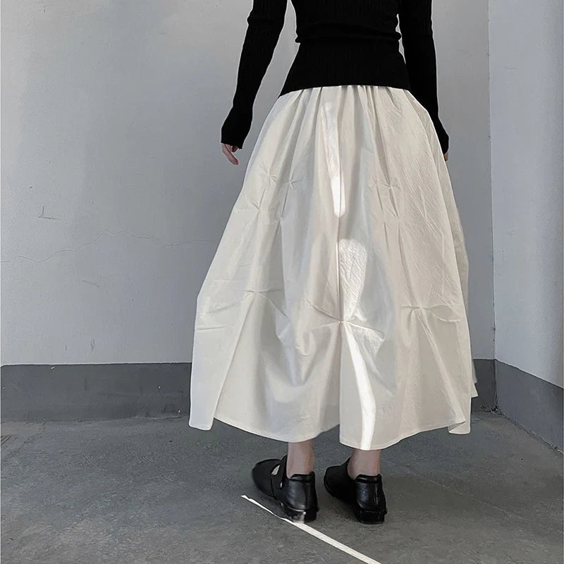 Territory Gothic Pleated Midi Skirts Women Y2K High Waist Folds A Line Skirt Streetwear Korean Harajuku Elegant Slim Chic Ball Gown