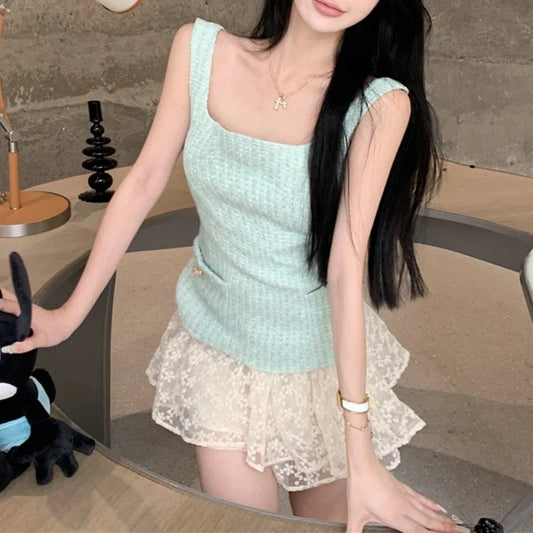 Territory 2024 Spring New High Street Solid Color Casual Tweed Camisole Women + Sexy Slim All Match Lace A-line Skirt Two-piece Suit