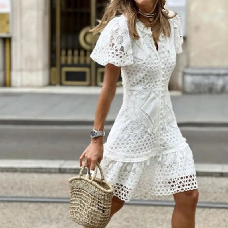 Territory Elegant Puff Sleeve O Neck Button Mini Dress Women Fashion White Lace Patchwork Holiday Dress Office Lady Causal Short Dresses