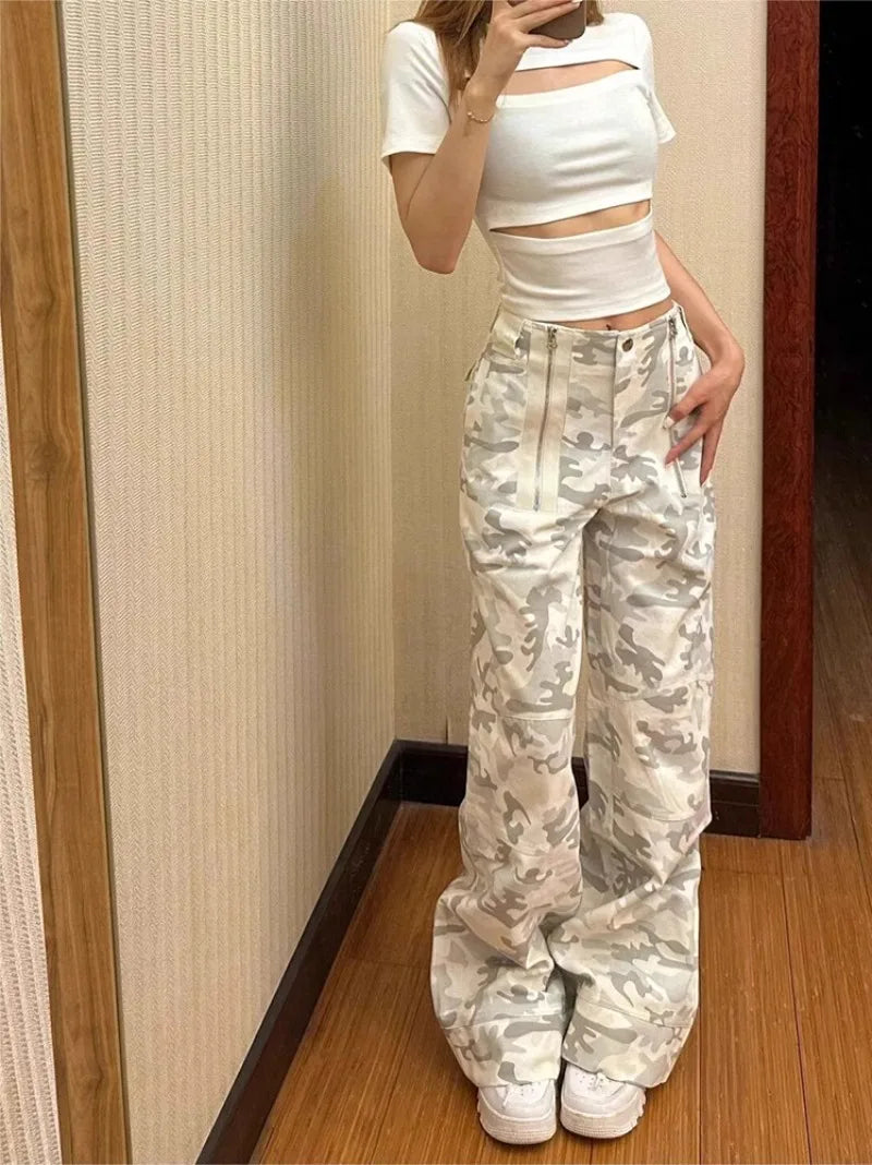 Territory American Retro Camouflage Cargo Pants Y2k E-Girl High Waist Straight Jeans for Women 2024 Sumemr New Loose Wide Leg