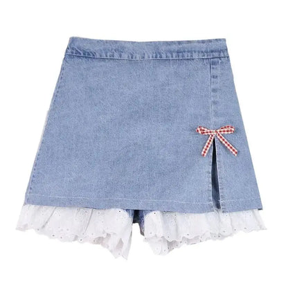 Territory Harajuku Sweet Y2k Skirts High Waist Bow Forked Lace Patchwork Denim Mini Skirt Summer Oversized Female Slim 2000s Girl Clothing