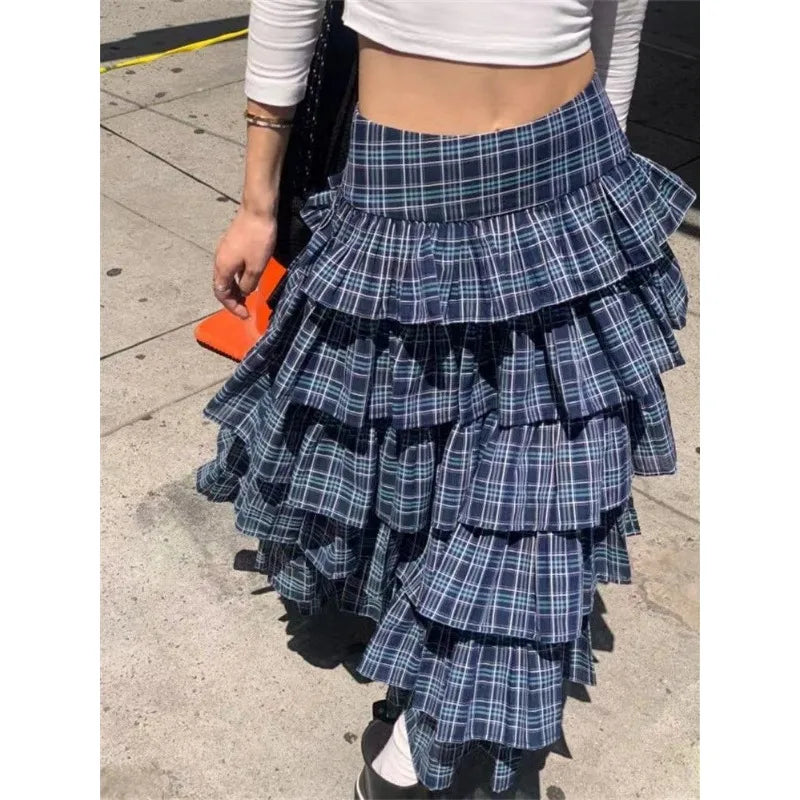 Territory High Waist Contrast Color Plaid Loose Mid-Length Skirt Women 2024 Spring New Streetwear Fashion All Match Pleated Cake Skirt