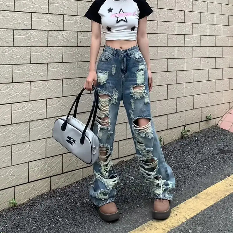 Territory Fashionable Women's Ripped Jeans, High Waist Slimming Wide Leg Denim Pants Female Casual Straight Shredded Jeans for Women 4XL