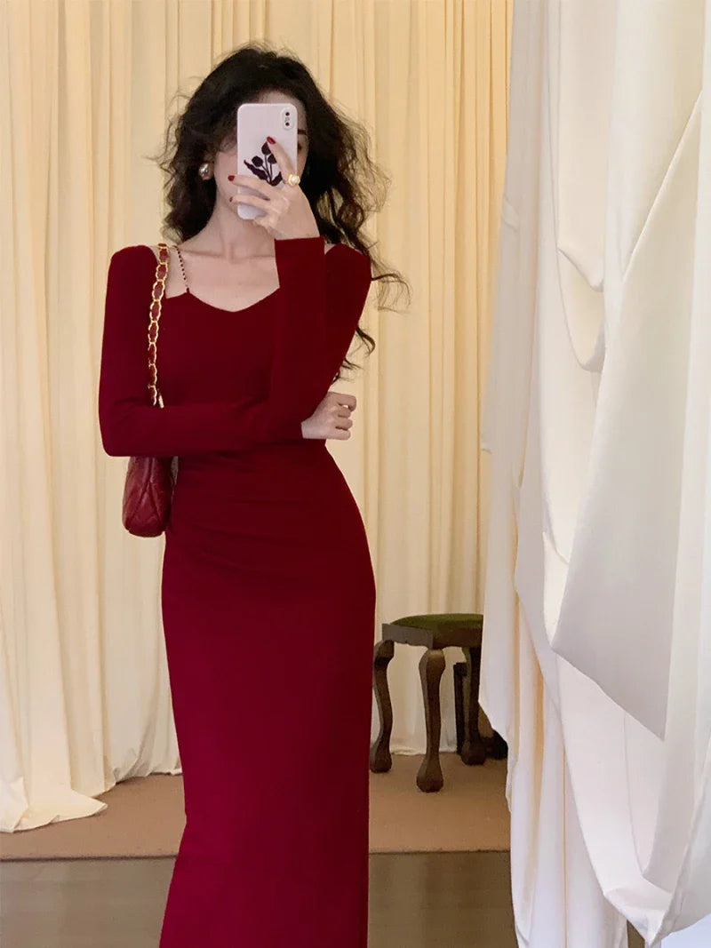 Territory French Vintage Chain Square Neck Long Sleeves Midi Dresses for Women Autumn New Sexy Bodycon Evening Party Female Clothing