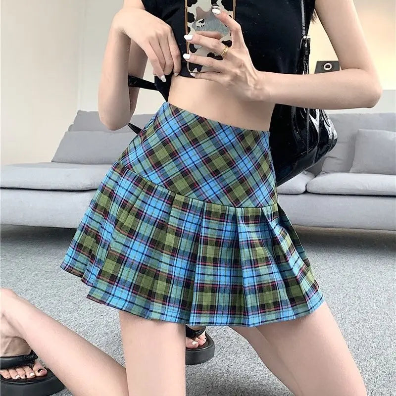 Territory Harajuku Plaid Skirt Mini Women High Waist A-line Patchwork Vintage Preppy Pleated Skirt Summer School Girl Fashion