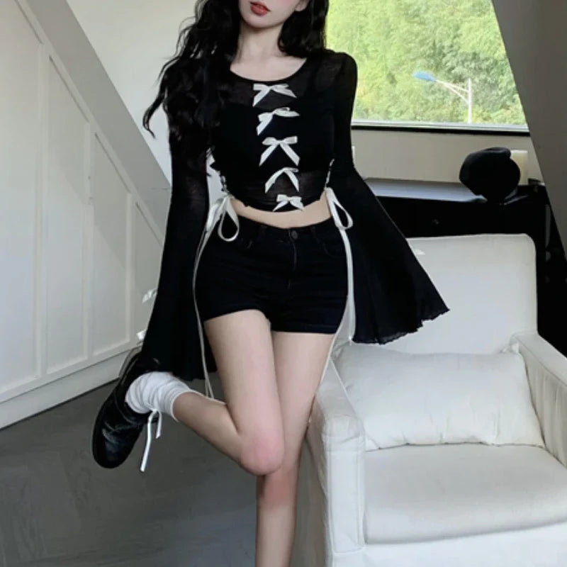 Territory High Street Fashion Bow Stitching Mesh Long-sleeved T-shirt Women Autumn New O-neck Sexy Slim Lace-up Black Crop Tops