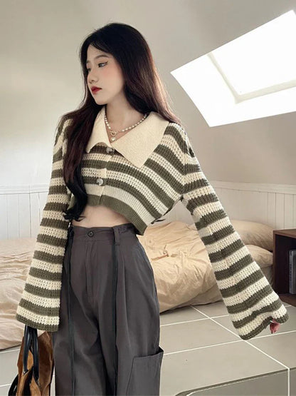 Territory Sexy Cropped Striped Cardigan Women Fashion Flare Sleeve Loose Knitted Sweaters Casual Autumn Korean Lazy Wind Lady Outwear