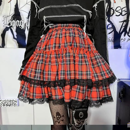 Territory Japanese Gothic Plaid Lolita Style Mini Skirt Women Harajuku Y2k Aeathetic High Waist Aline Pleated Skirt Grils Punk Short Skirt