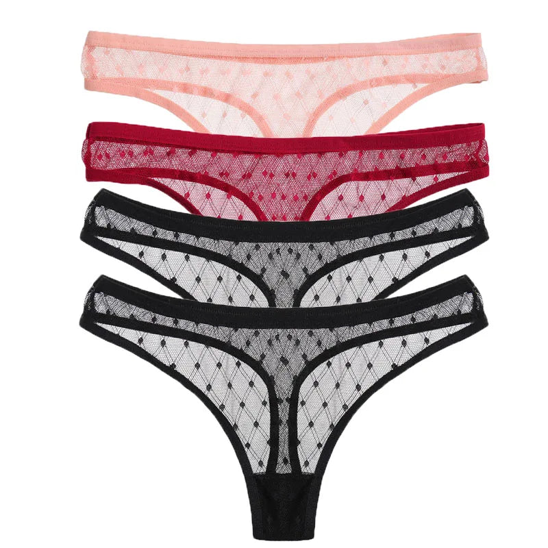 Territory M-XL G-string Panties Perspective Women Underwear Sexy Low-Waist Female Underpants Thong Solid Color Pantys Lingerie 4PCS/Set