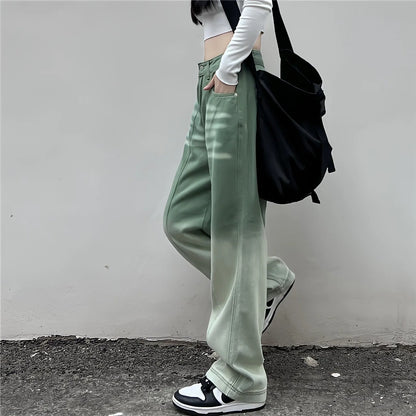 Territory Contrasting Green Pants High Waist Straight Wide Leg Baggy Jeans Harajuku Fashion Vintage Y2k Streetwear Women Casual Trousers