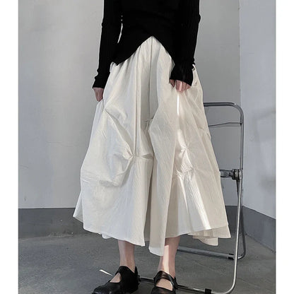 Territory Gothic Pleated Midi Skirts Women Y2K High Waist Folds A Line Skirt Streetwear Korean Harajuku Elegant Slim Chic Ball Gown