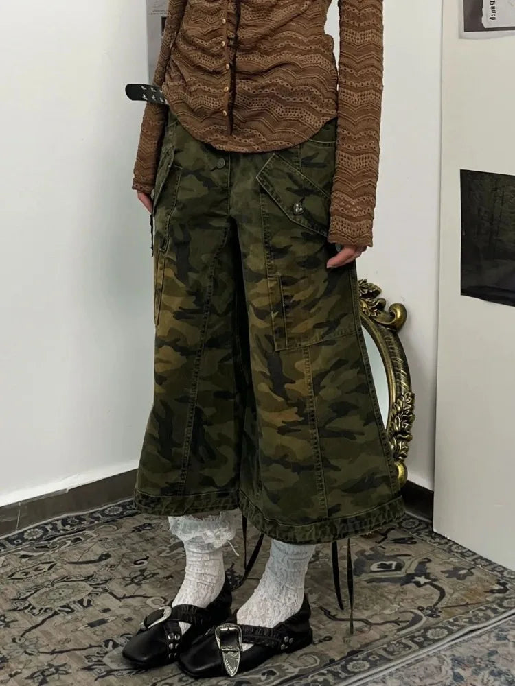 Territory American Oversize Washed Camouflage Shorts Y2k E-Girl High Waist Wide Leg Jeans 2024 New Straight Loose Calf- Length Pants