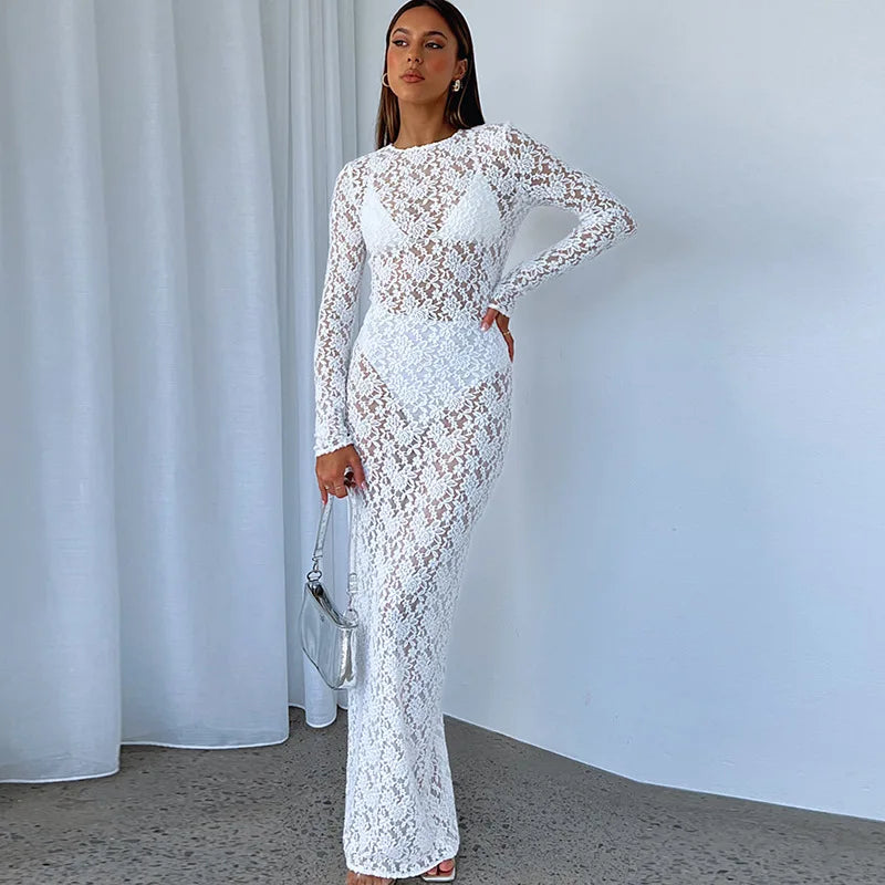 Territory Black Floral Lace See Through Maxi Dress Elegant Sexy Women Photoshoot Long Sleeve White Party Dresses Y2K Hollow Out