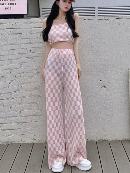 Territory New Summer Fashion Casual Plaid 2 Piece Set Women Strapless Crop Top + Wide Leg Pants Suits Female Sexy Outfits For Woman